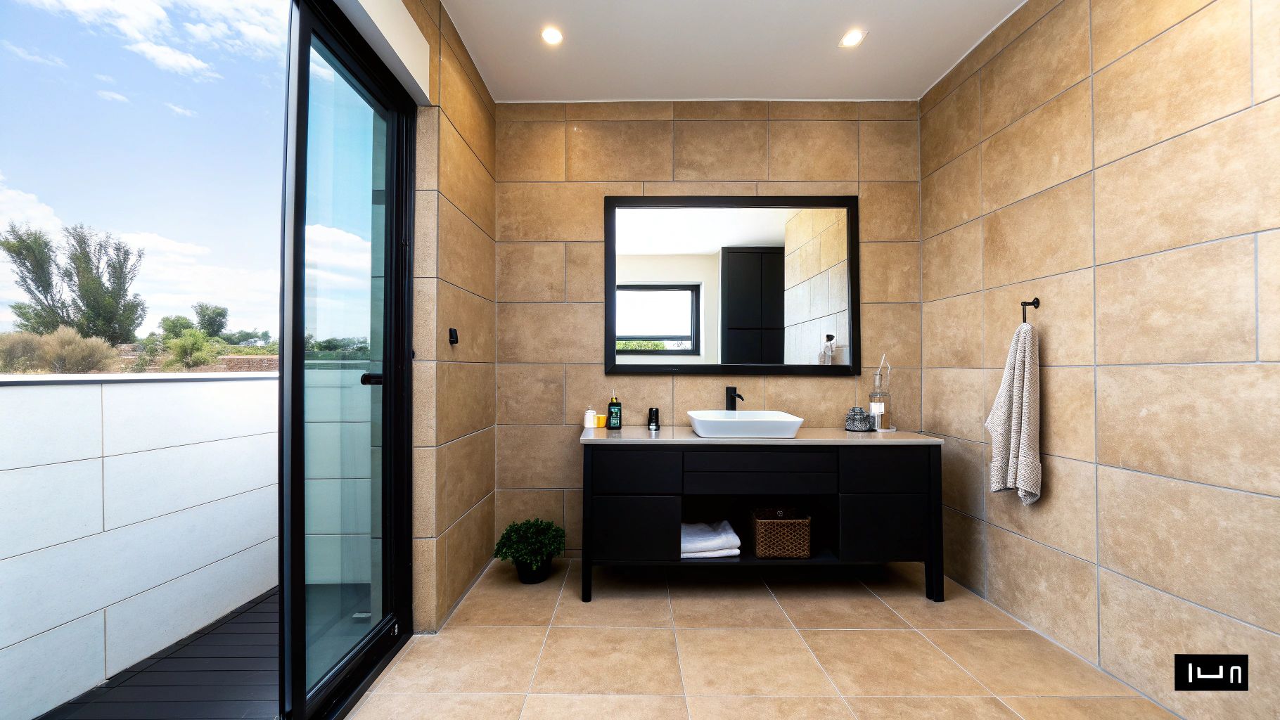 חדר אמבטיה קטן ומעוצב עם אריחים בהירים ומראה גדולה