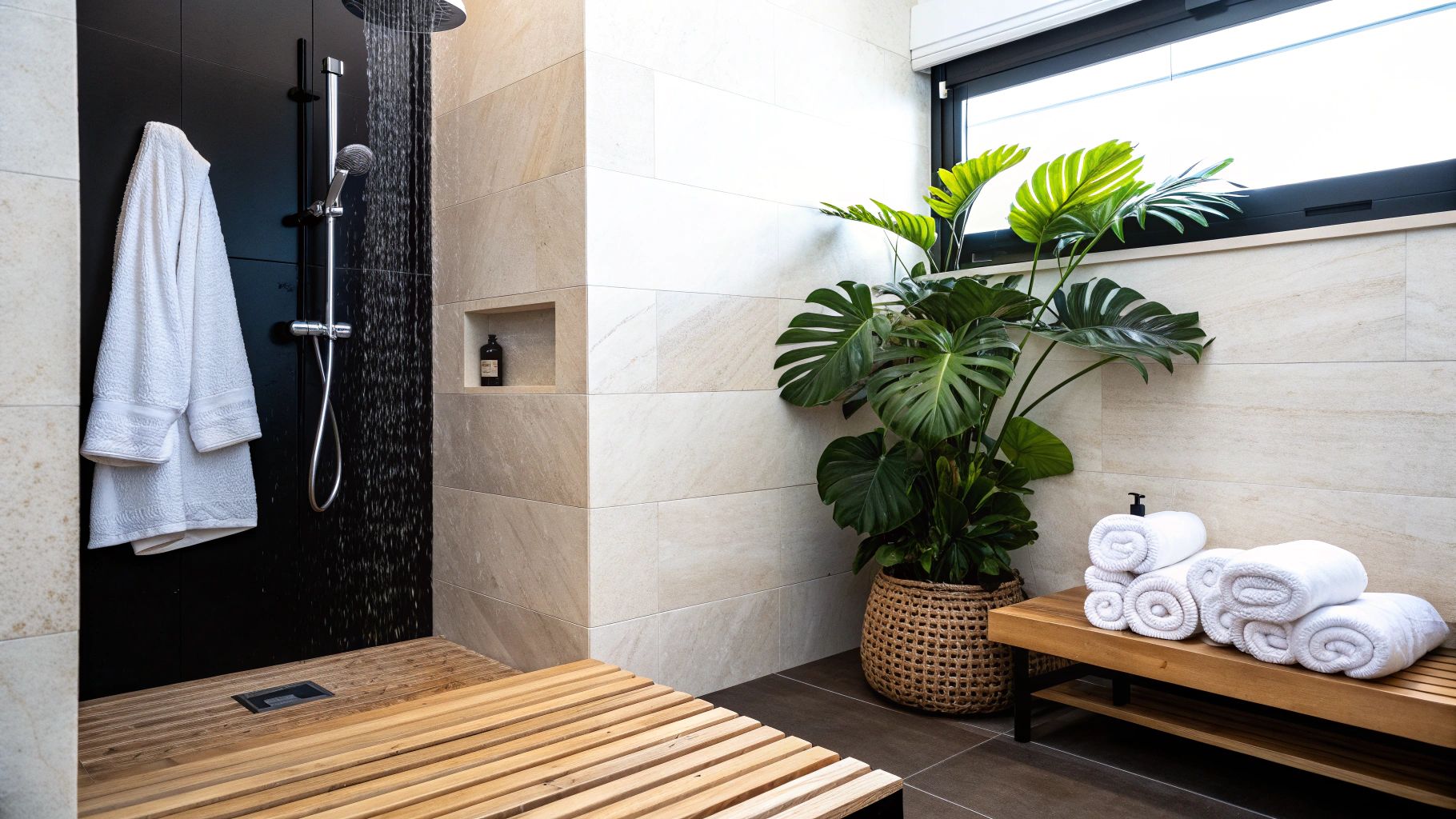 חדר רחצה מעוצב בסגנון מודרני עם אלמנטים של ספא ביתי