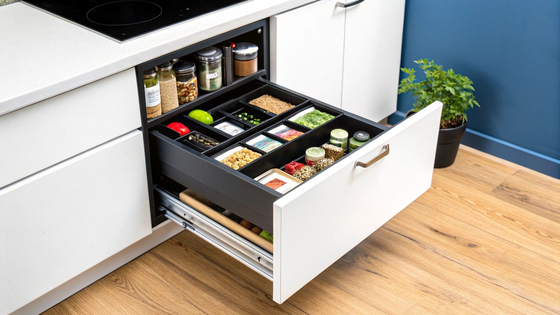 מטבח מודרני עם פתרונות אחסון חכמים ונסתרים