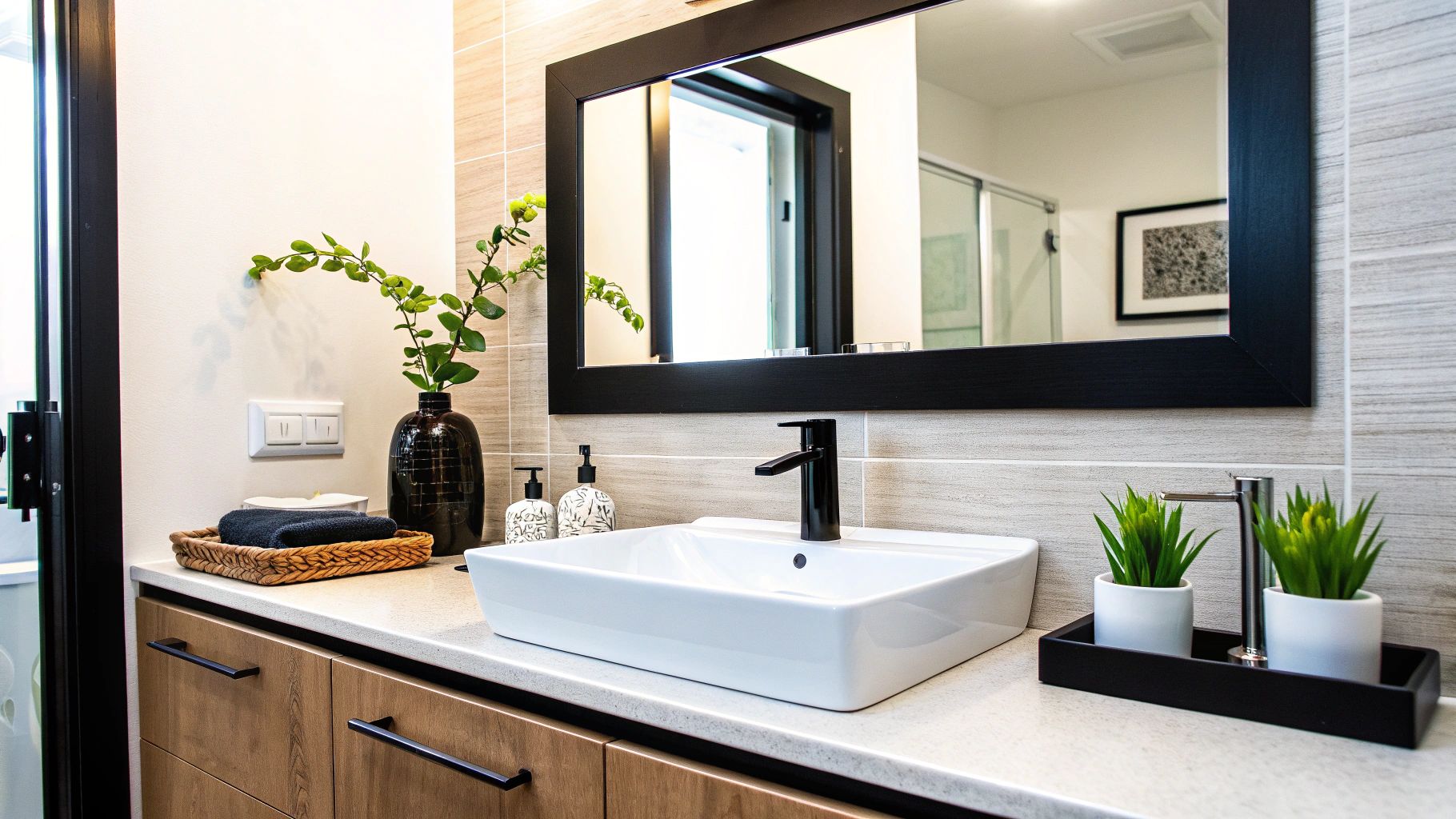 חדר אמבטיה עם כיור מונח וברז שחור