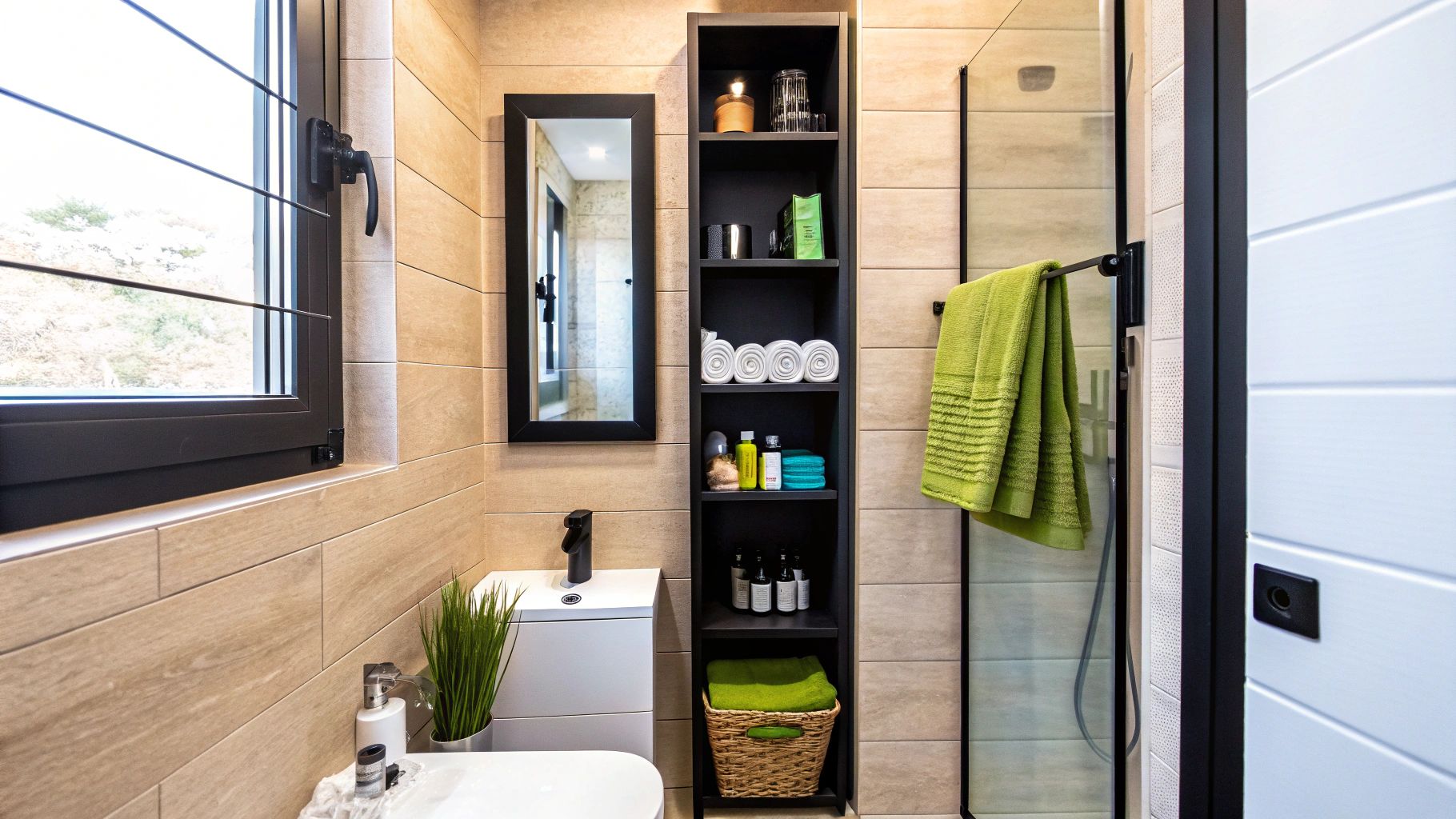 ארון אמבטיה תלוי עם אחסון חכם בחדר רחצה קטן