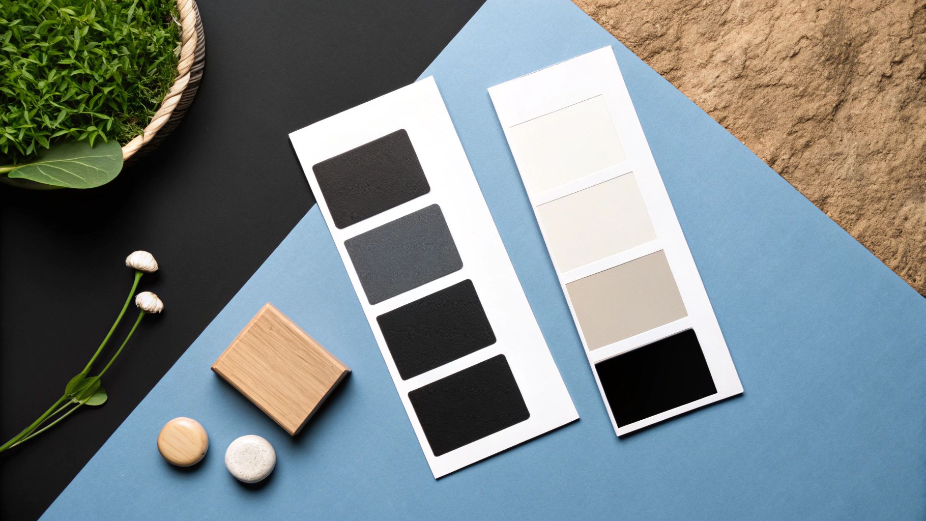 איור של מטבח מודרני עם פלטת צבעים ניטרלית ונגיעות צבע