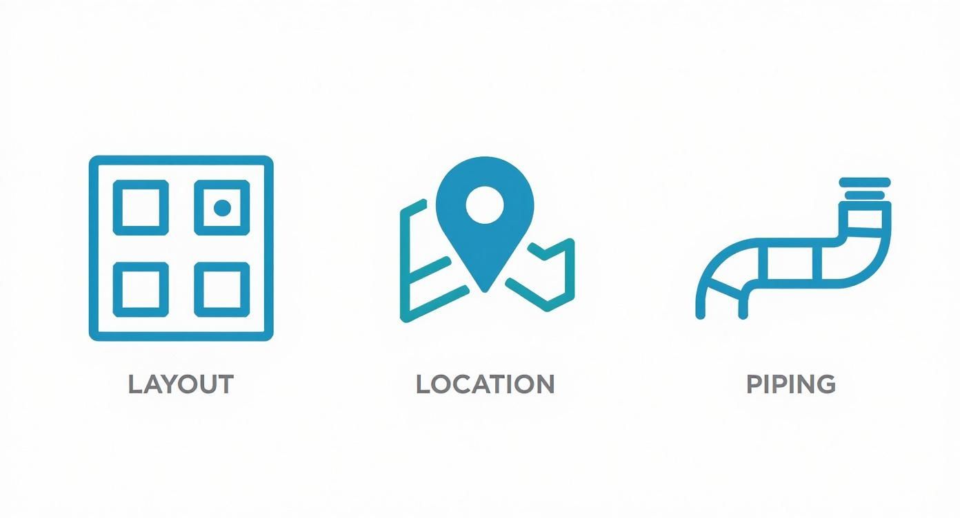 אינפוגרפיקה על תכנון חלל חדר הרחצה הכוללת אייקונים של פריסה, מיקום ואינסטלציה