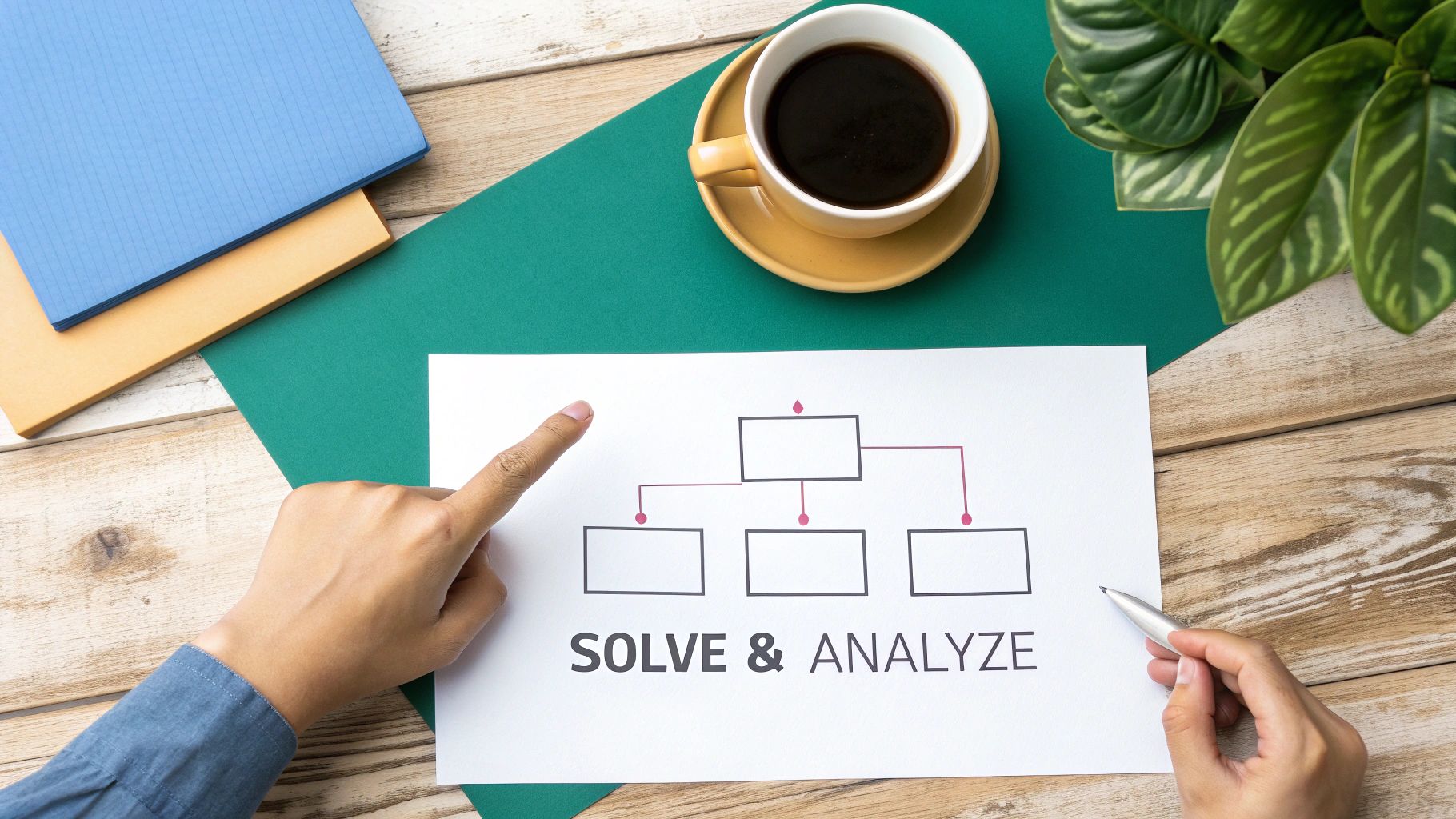 Hands pointing at a flowchart diagram and 'SOLVE & ANALYZE' text on a paper, with coffee and folders.