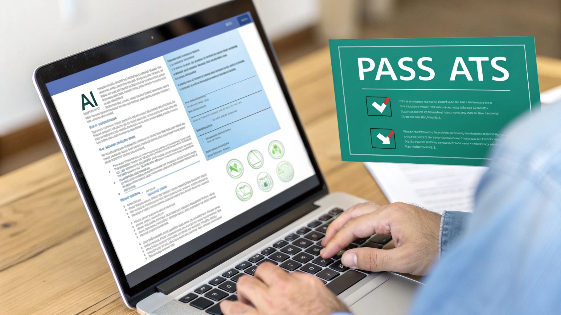 Person typing on laptop, optimizing a resume for job applications, with a 'PASS ATS' success indicator.