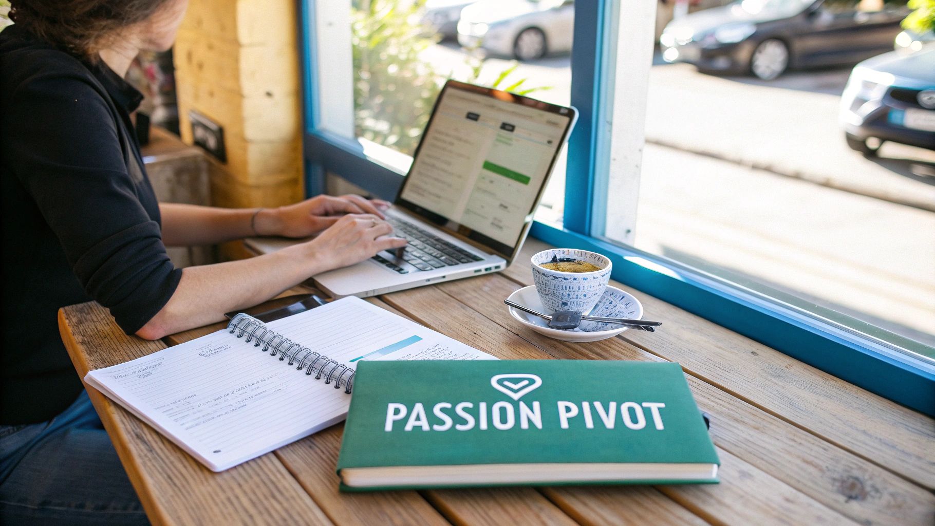 Person typing on a laptop next to a notebook, coffee, and a 'Passion Pivot' book on a wooden table.