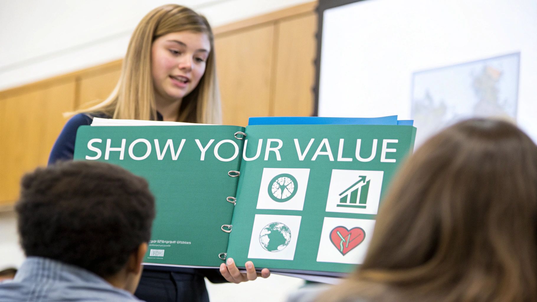 A young woman presents a large green binder titled 'SHOW YOUR VALUE' with four icons to an audience.