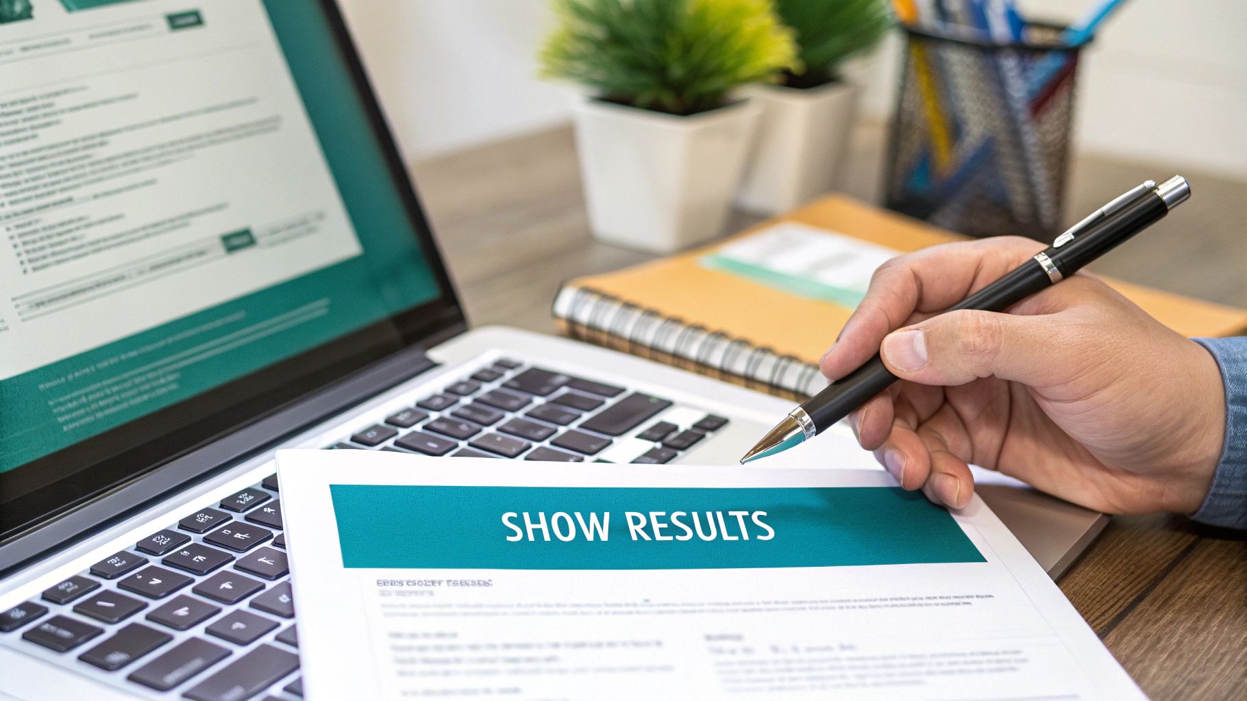 A hand holds a pen over a document displaying 'SHOW RESULTS' next to a laptop screen.