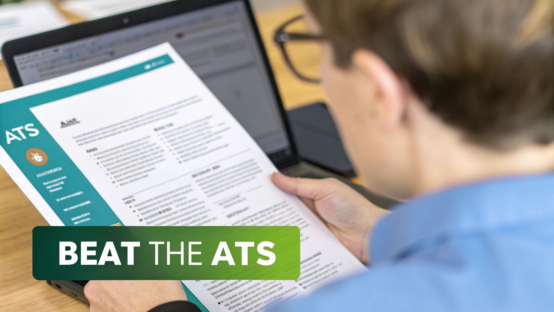 Overhead shot of a person reviewing a resume on a laptop, with a "Beat the ATS" overlay.