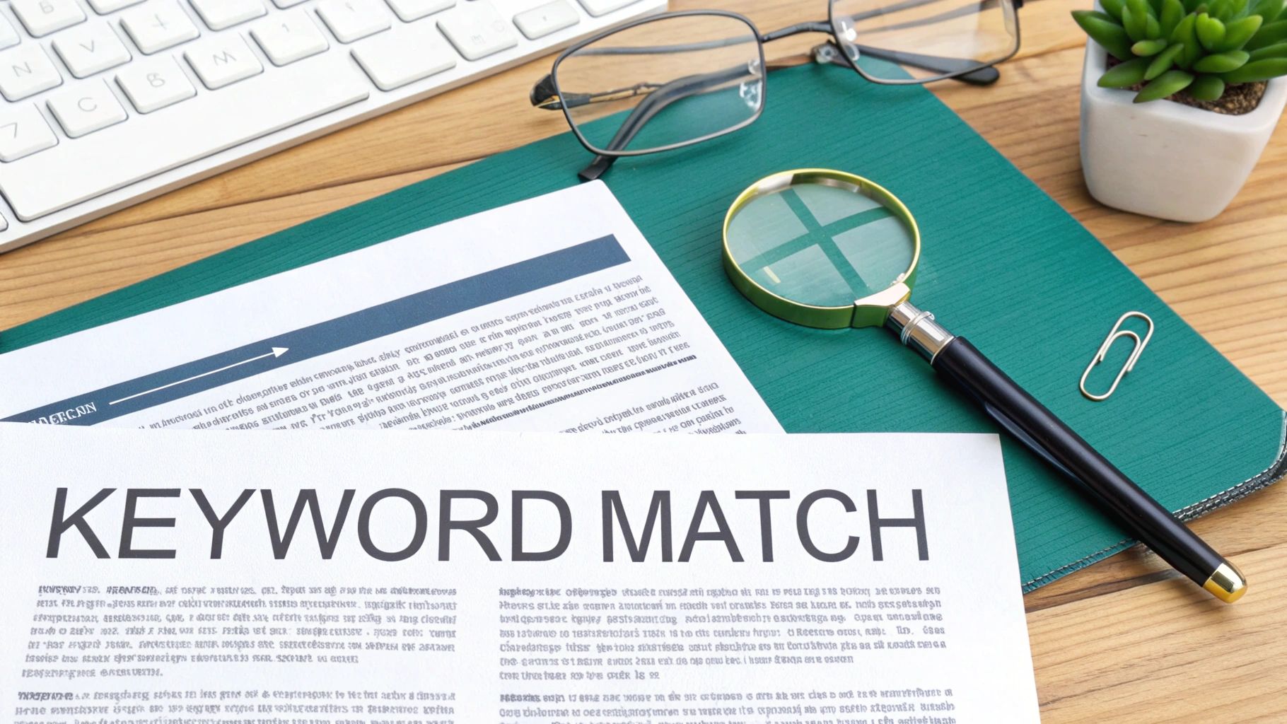 A close-up of a document titled 'KEYWORD MATCH' on a wooden desk with a magnifying glass, keyboard, and glasses.