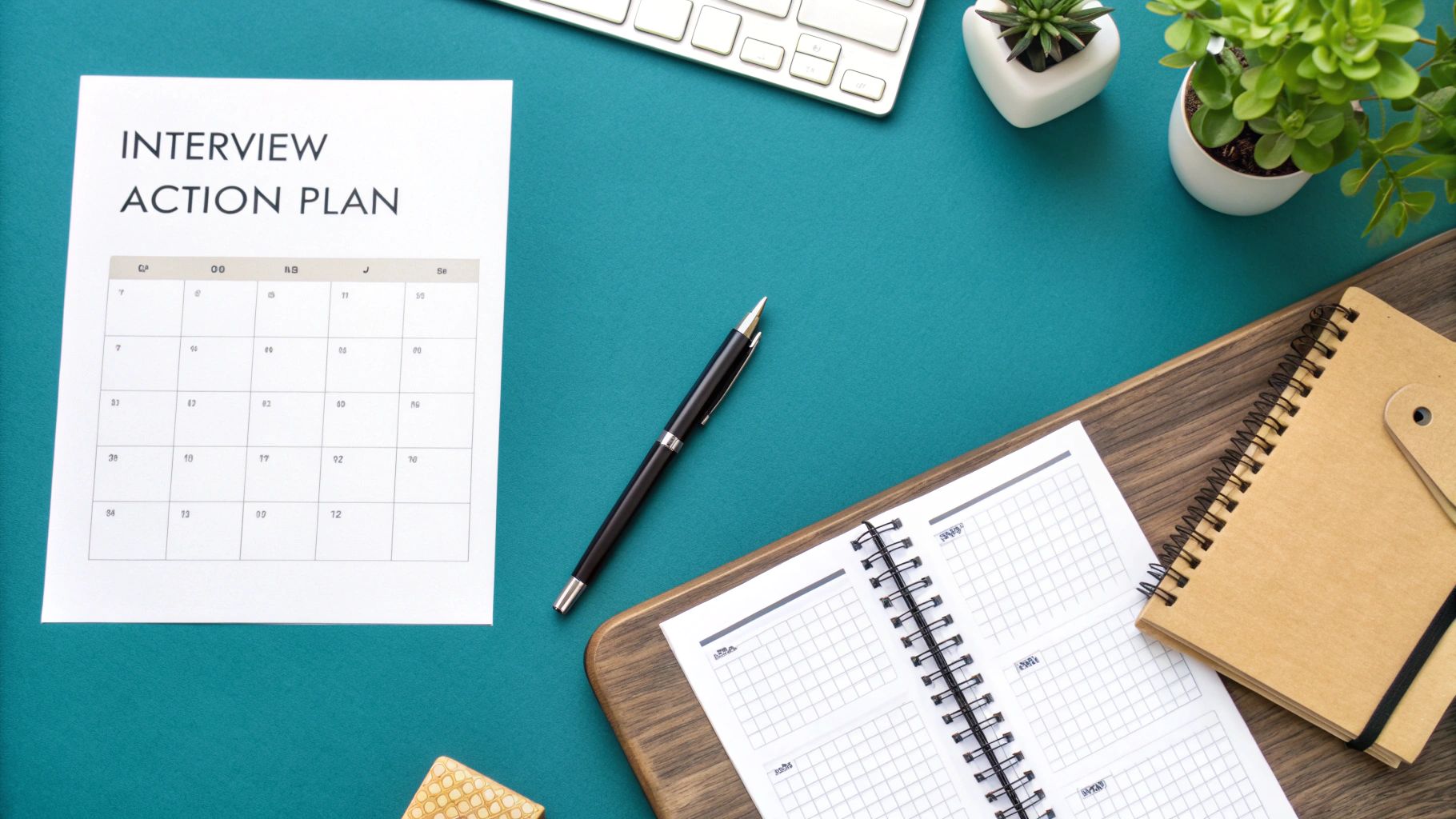 A flat lay of a desk with an 'INTERVIEW ACTION PLAN' document, pen, notebooks, keyboard, and plants.