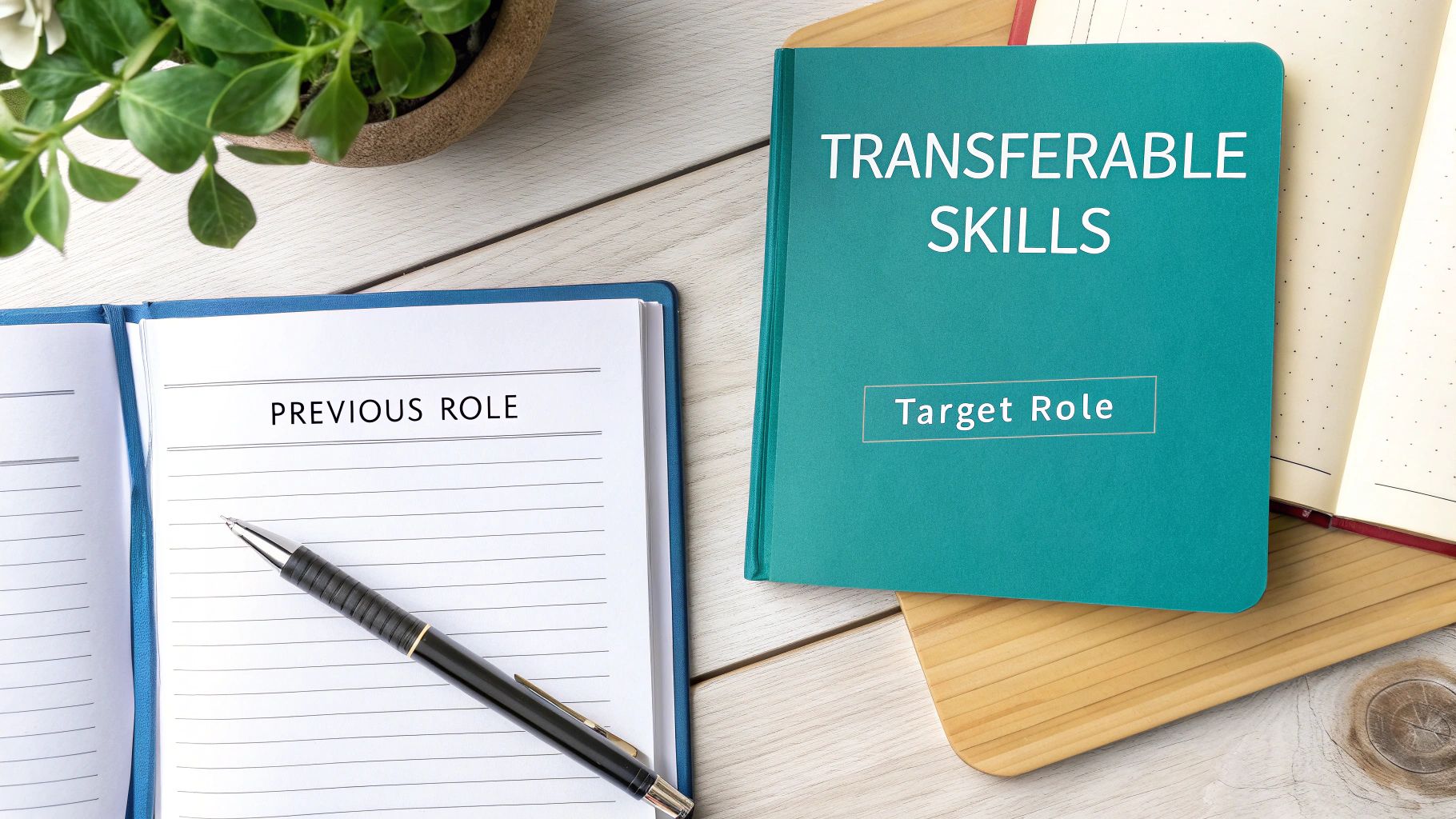 Desk setup with notebooks for 'Previous Role' and 'Transferable Skills' for career planning.