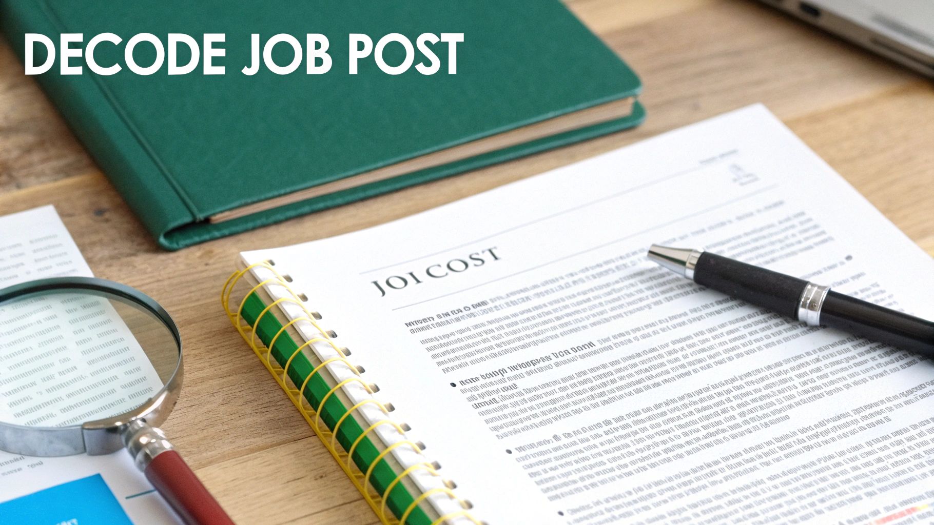 A desk setup with a document, pen, notebook, and magnifying glass, under the title 'DECODE JOB POST'.