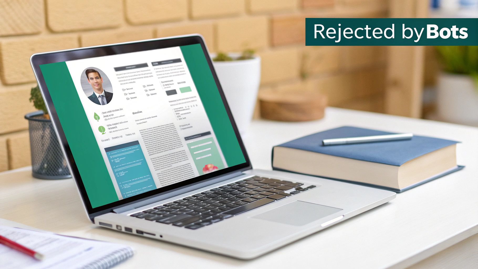 A laptop displays a resume on a desk with a book, highlighting job application rejections by bots.