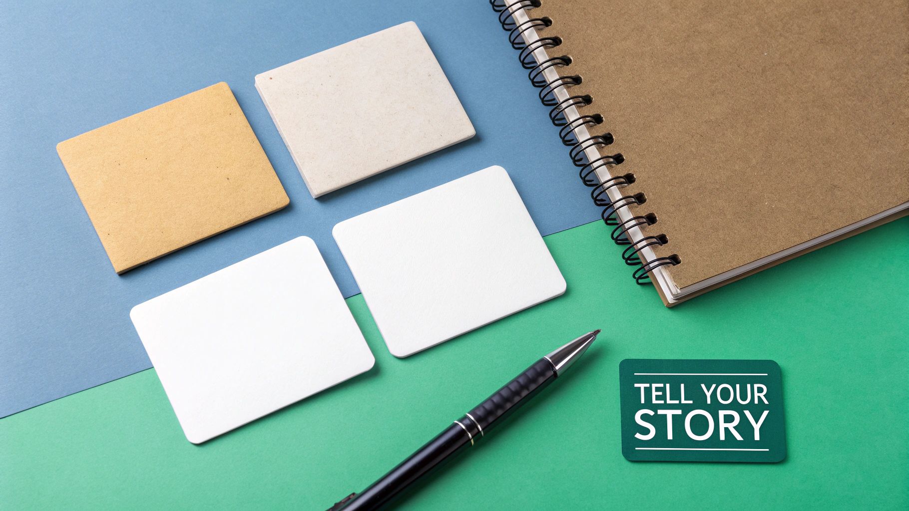 Flat lay of writing supplies, including blank coasters, a notebook, a pen, and a 'Tell Your Story' sign on a blue and green background.