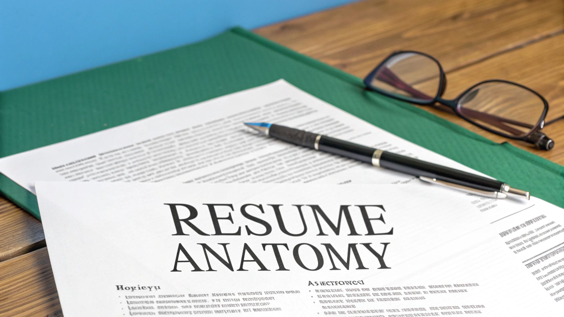 A close-up of a resume anatomy document with a pen, glasses, and green folder on a wooden desk.