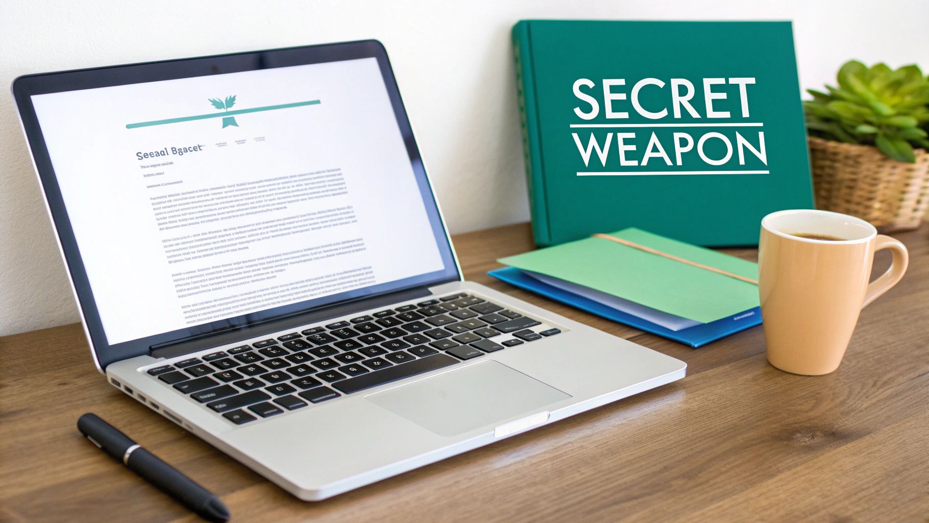 A professional workspace featuring a laptop, a 'SECRET WEAPON' book, a coffee mug, and green folders.