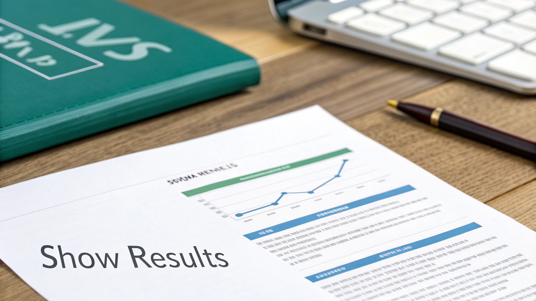 A close-up of a business report with graphs and 'Show Results' text on a wooden desk with a laptop and pen.