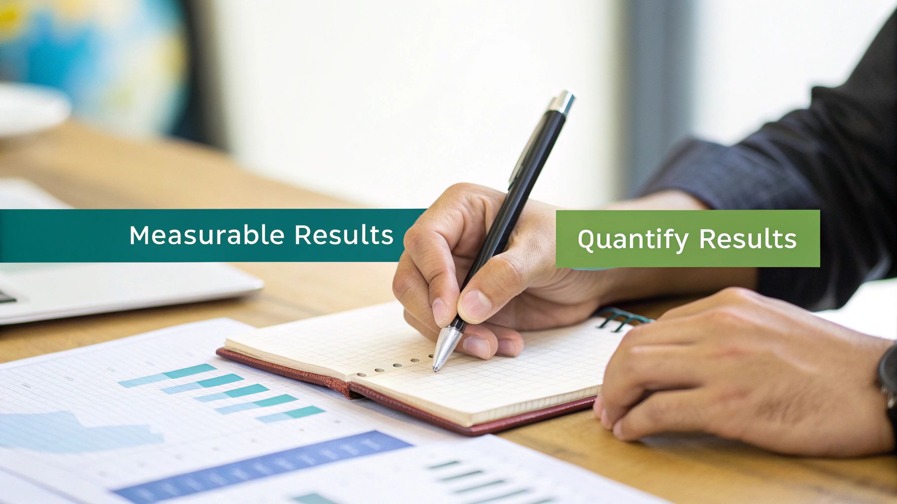 A person writing in a notebook on a desk with charts, emphasizing measurable and quantifiable results.