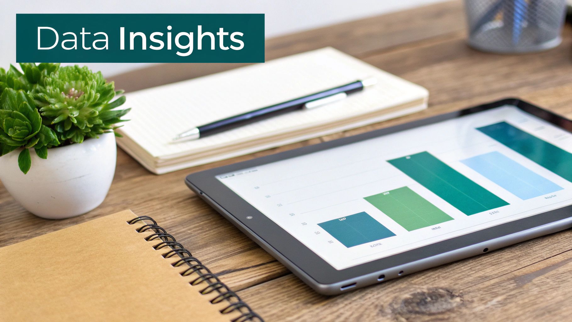 A tablet displays data insights with a bar chart, beside a plant and notebooks on a wooden desk.