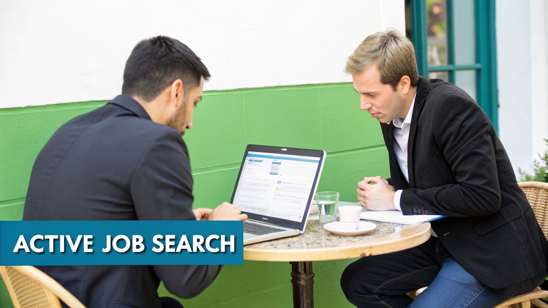 Two men in business casual attire collaboratively reviewing a laptop screen for job opportunities.
