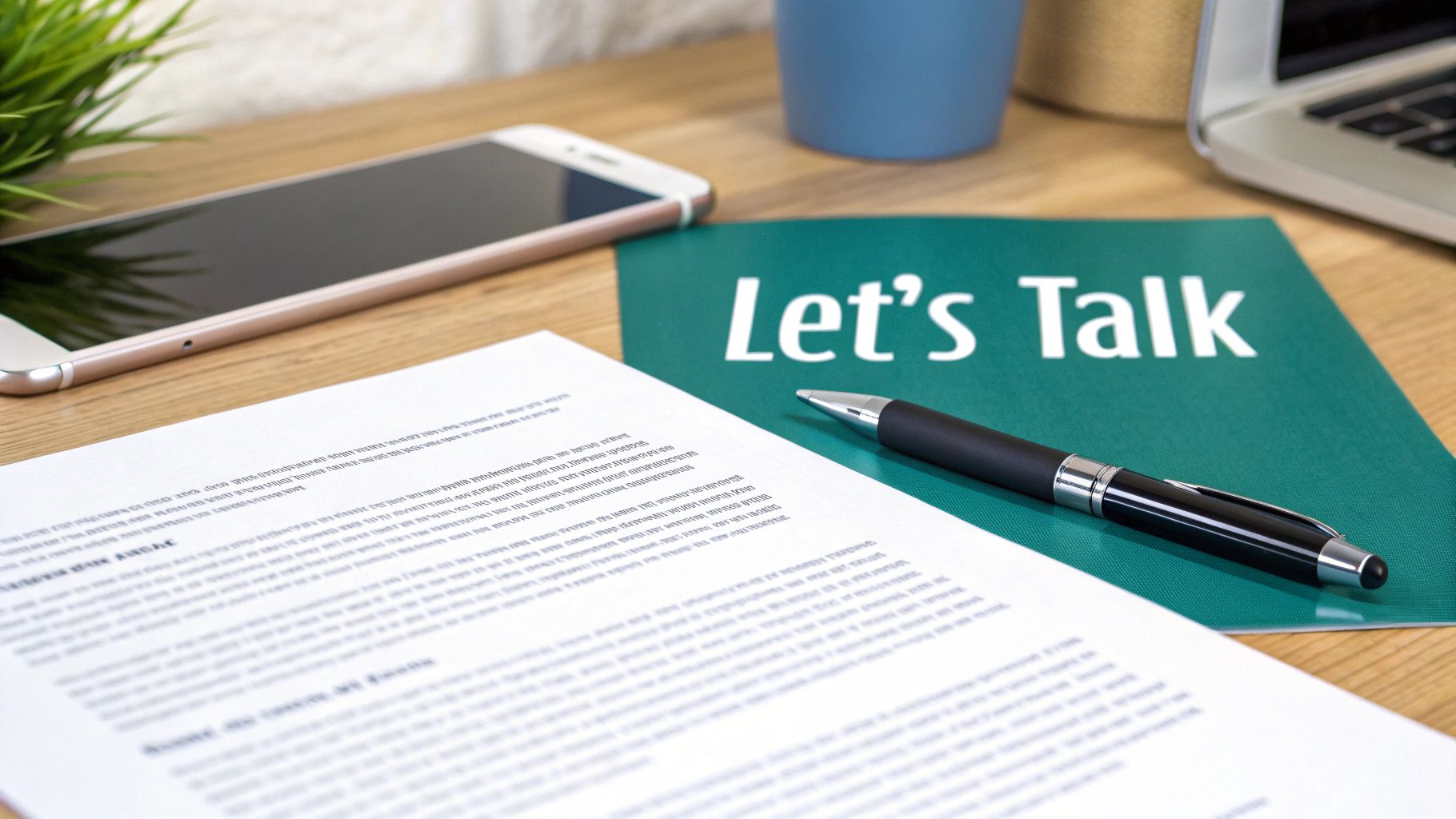 A professional desk setup with a document, phone, pen, and a 'Let's Talk' folder, ready for discussion.