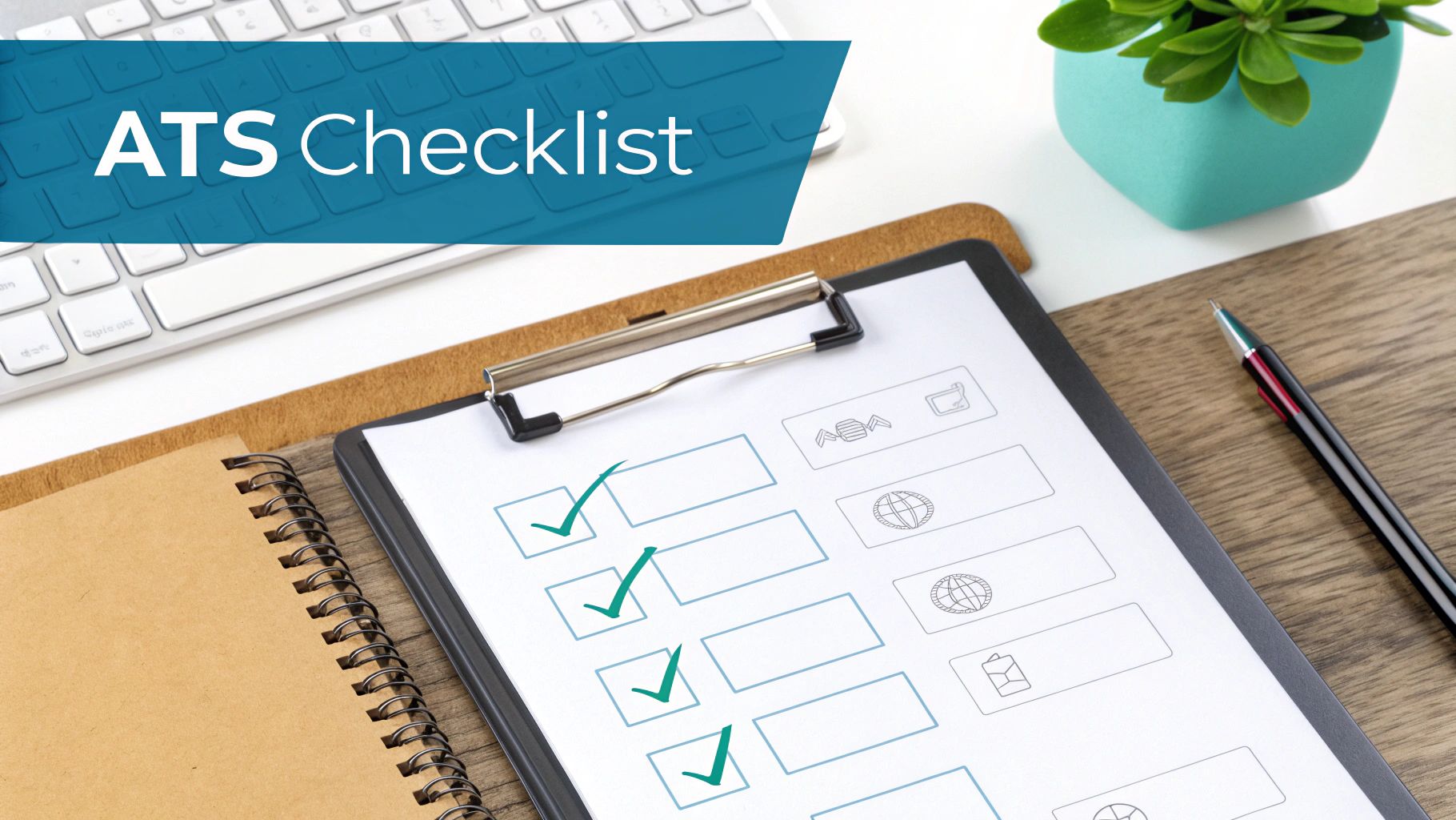 Desk flatlay with an 'ATS Checklist' banner, a clipboard with checked items, keyboard, and plant.