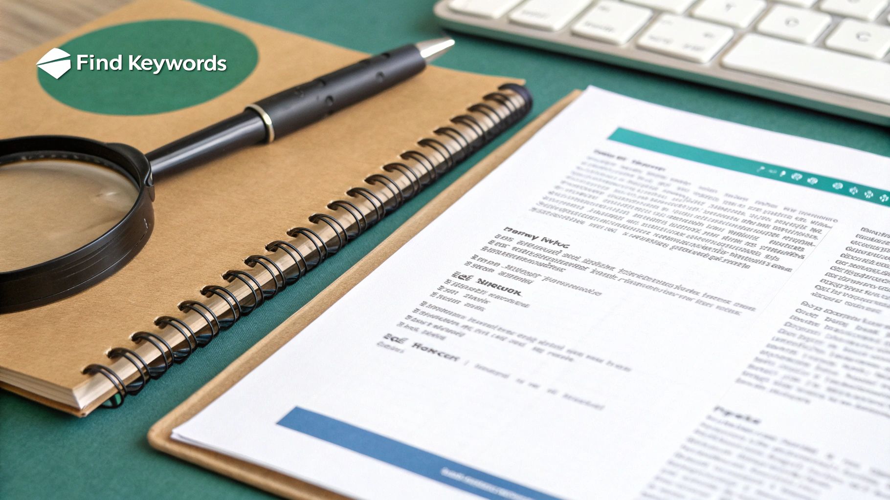 A resume being reviewed with a magnifying glass, pen, and notebook, focusing on finding keywords.