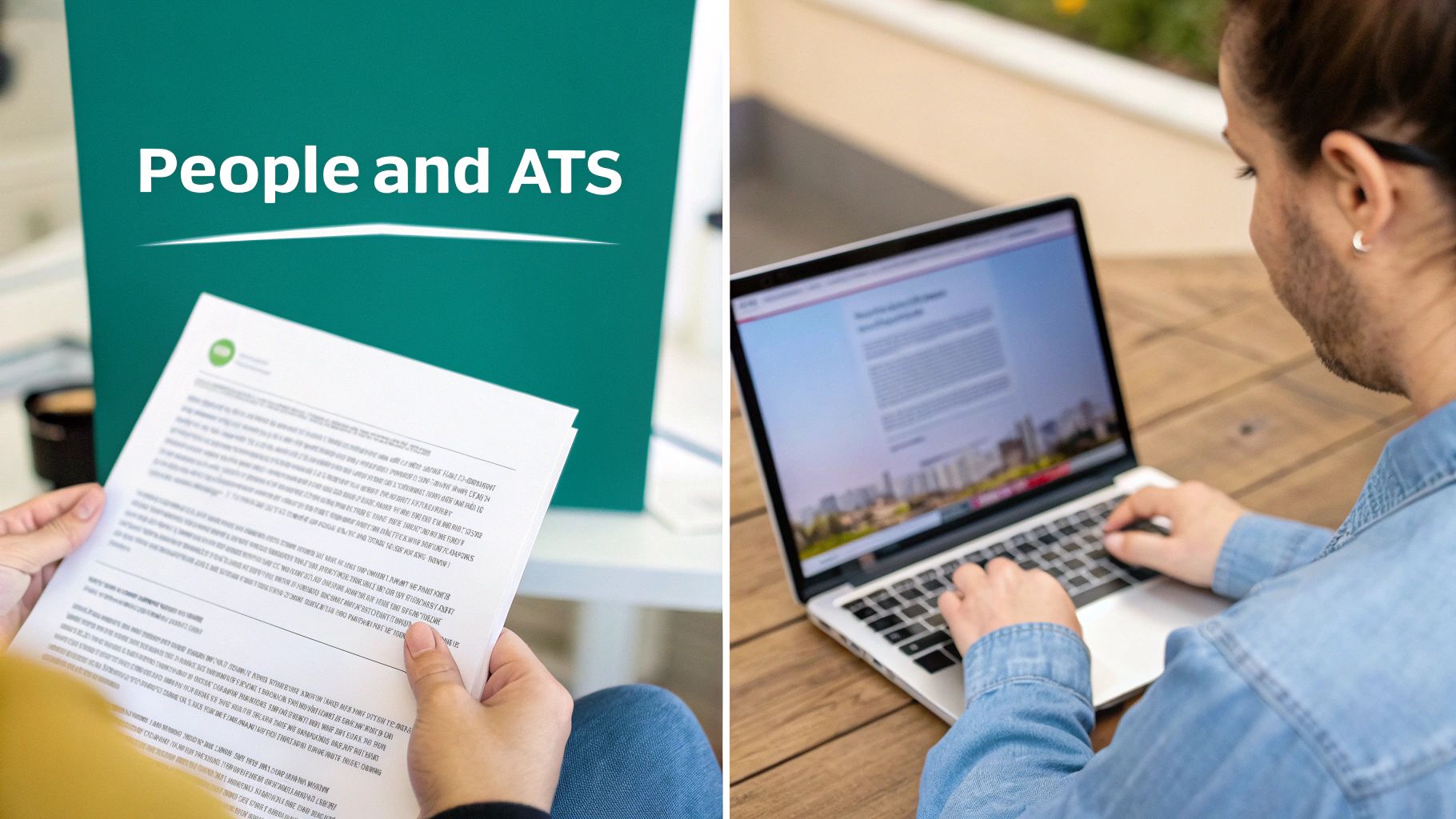 A person reviews a paper document, while another types on a laptop with 'People and ATS' visible.