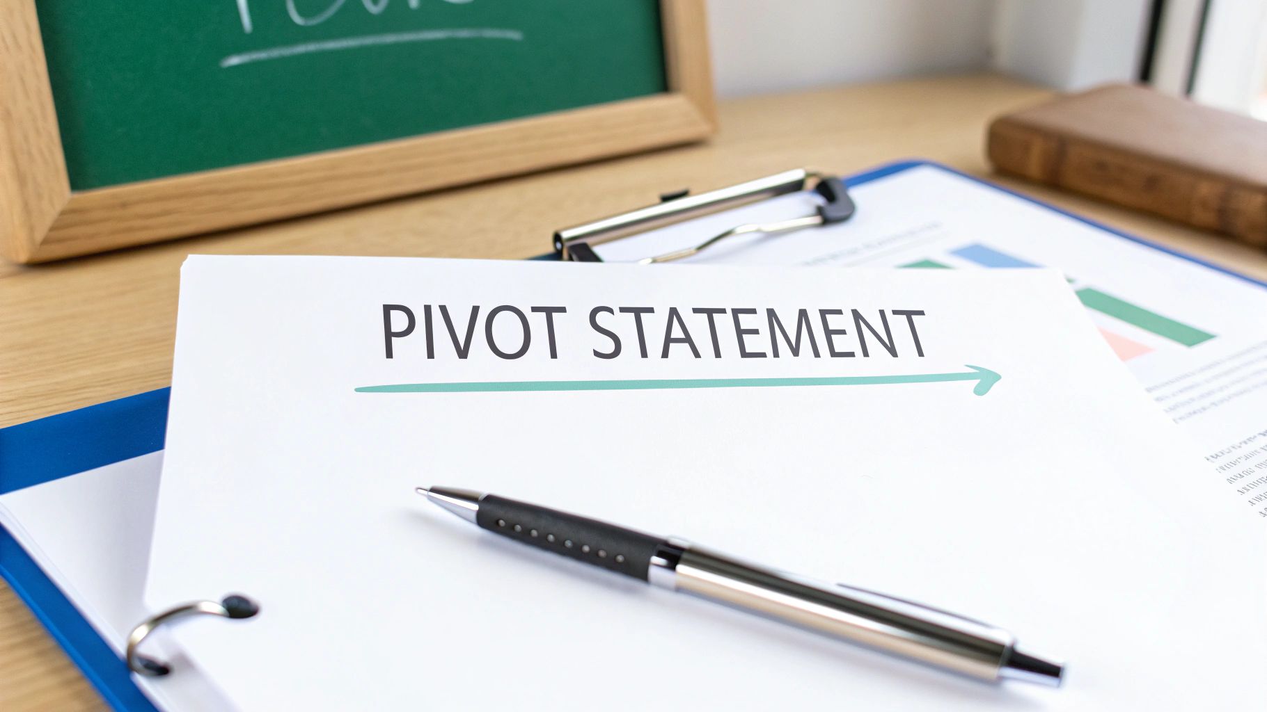 A document with 'PIVOT STATEMENT' and an arrow, a pen, and a binder on a wooden desk.