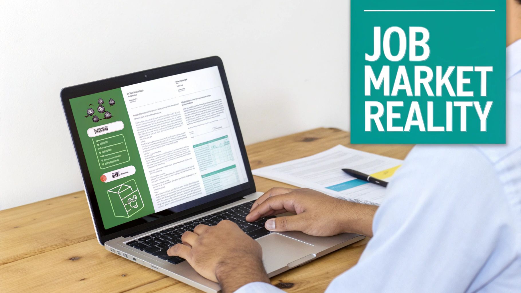 A person's hands typing on a laptop, with a 'Job Market Reality' graphic in the background.