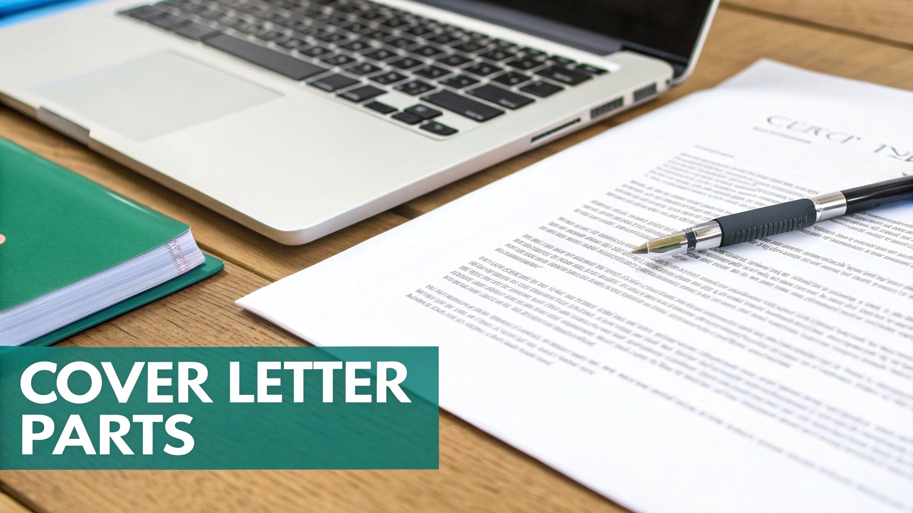 A laptop, green notebook, document with a pen, and text overlay 'Cover Letter Parts' on a wooden desk.