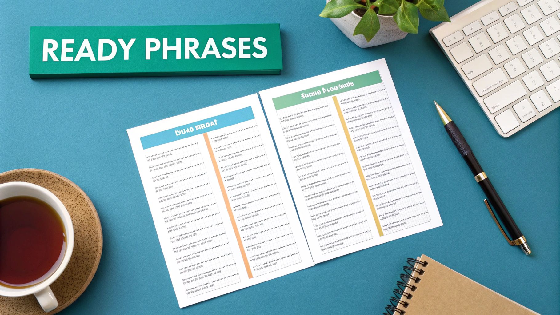 A flat lay of a blue desk with 'READY PHRASES' sign, documents, a cup of tea, and office supplies.