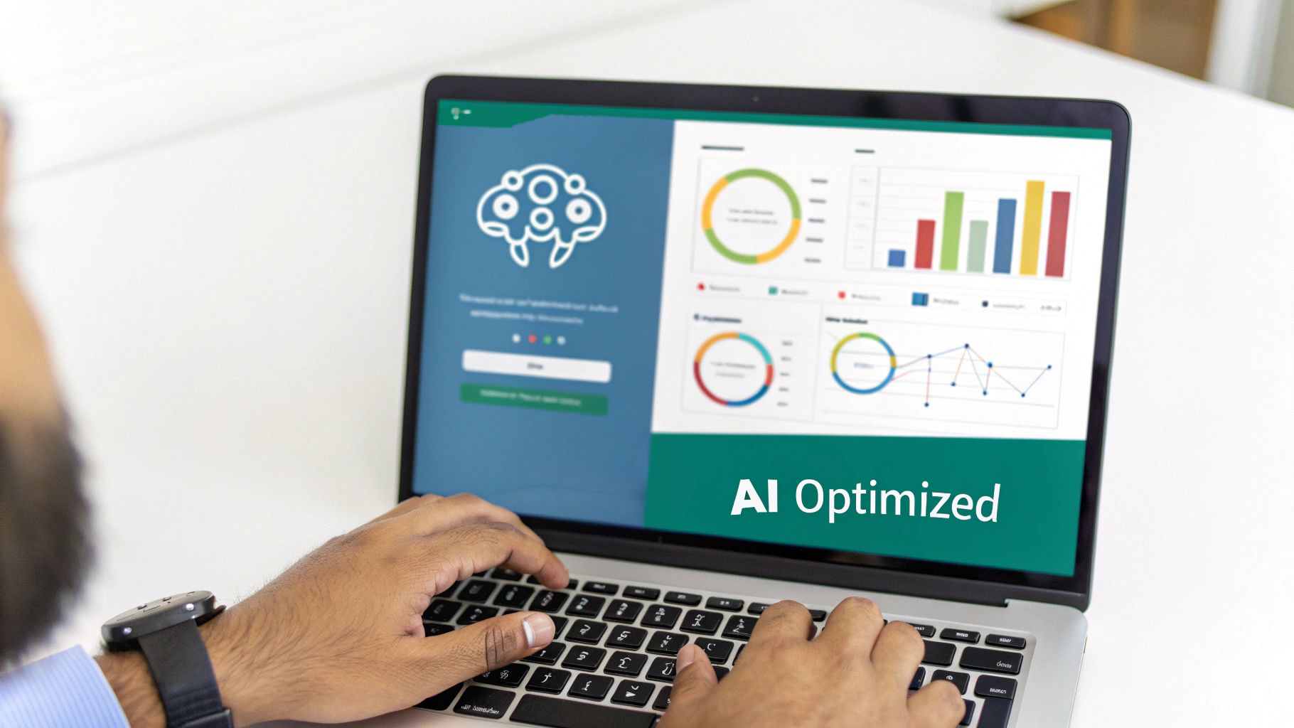 Hands typing on a laptop displaying AI-optimized data, charts, and graphs for analysis.
