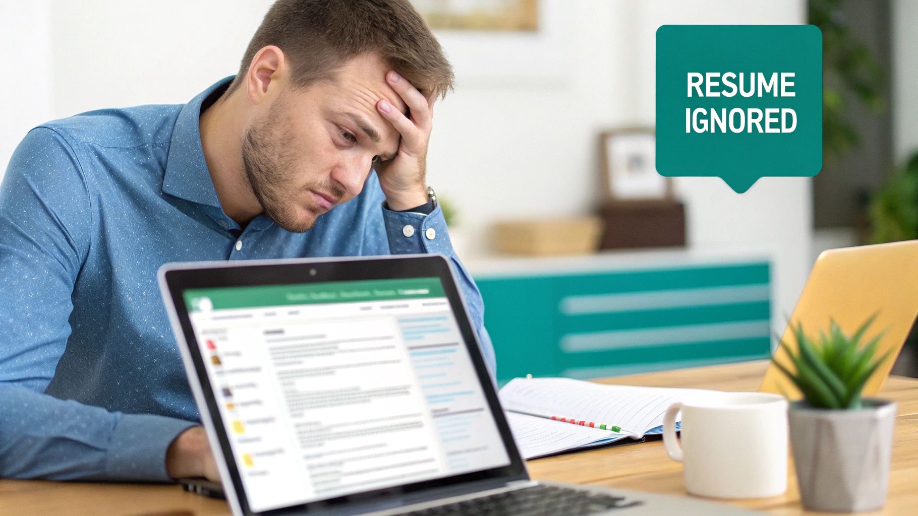 Frustrated man looking at a laptop screen, with a speech bubble saying 'RESUME IGNORED'.