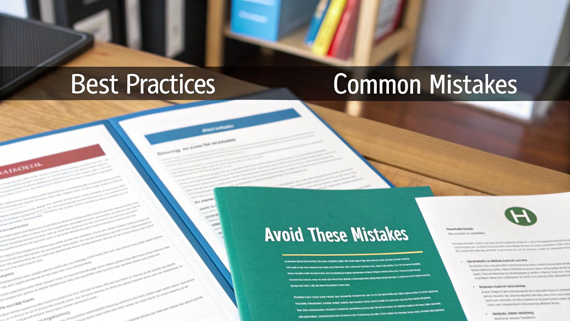 Documents on a desk, titled 'Best Practices', 'Common Mistakes', and 'Avoid These Mistakes', providing guidance.