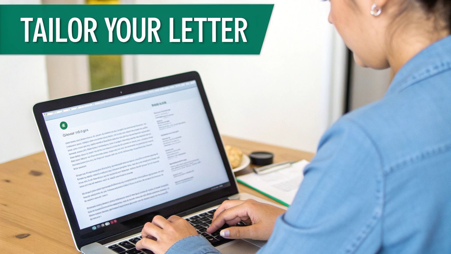 Close-up of a person typing on a laptop, with a green banner saying 'TAILOR YOUR LETTER' above.