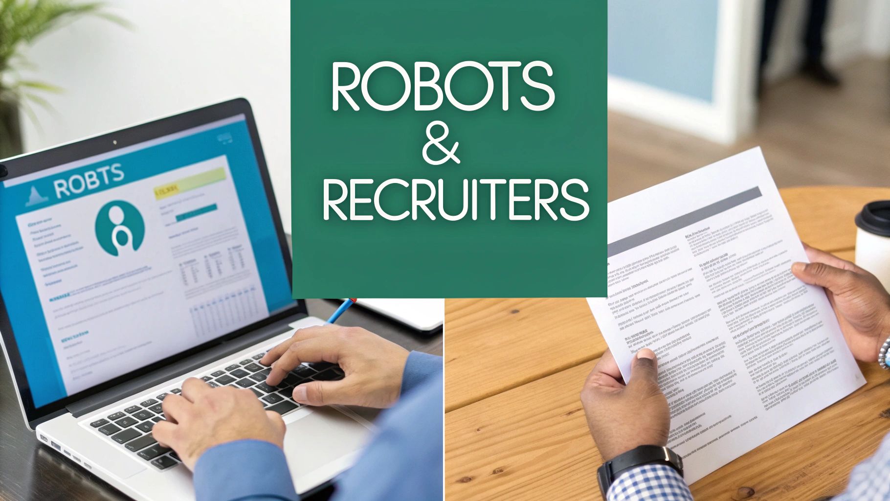 A collage showing 'ROBOTS & RECRUITERS' text, a person typing on a laptop, and another person reviewing a document.