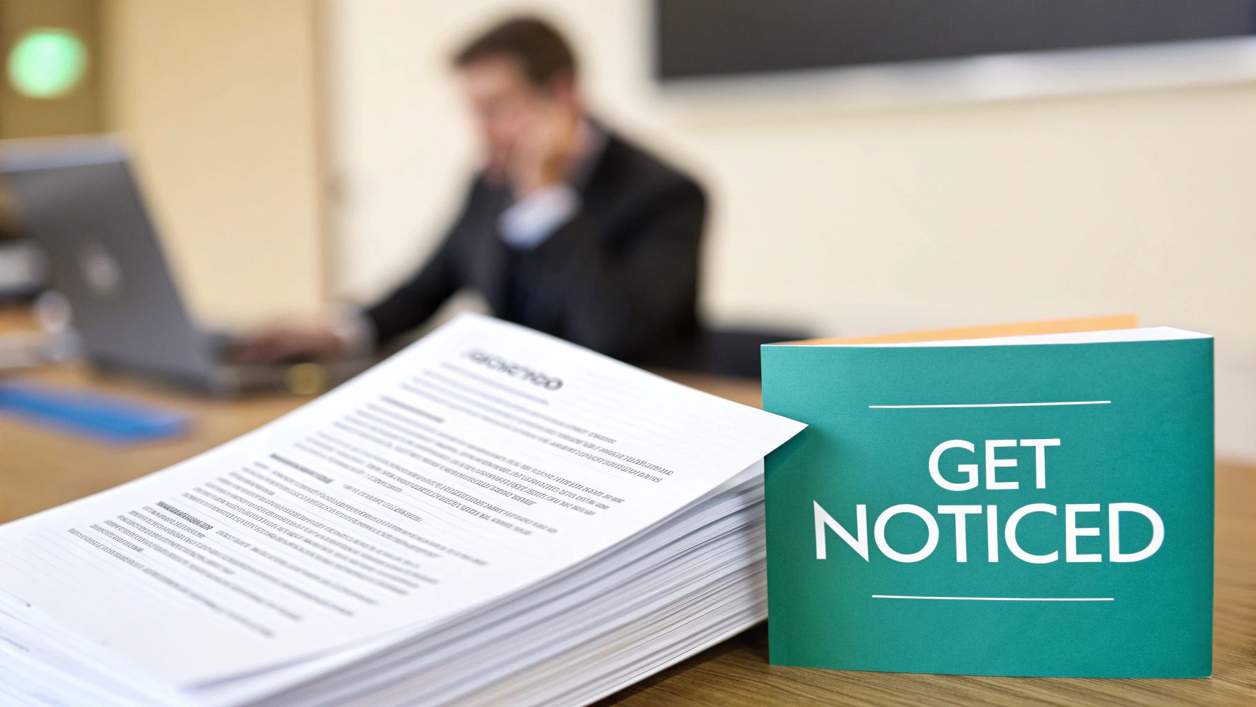 A "GET NOTICED" folder and a stack of resumes on a desk with a person working on a laptop in the background.