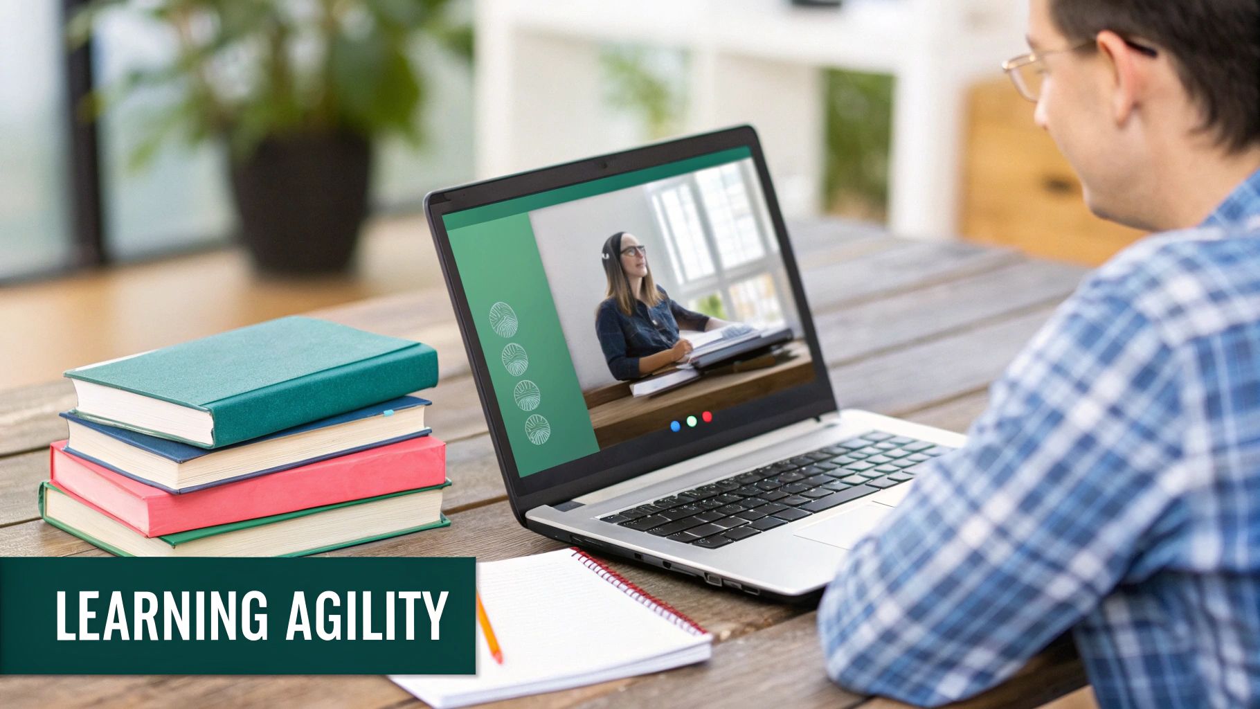 A person watches an online lecture on a laptop, with books and a notebook nearby, highlighting learning agility.