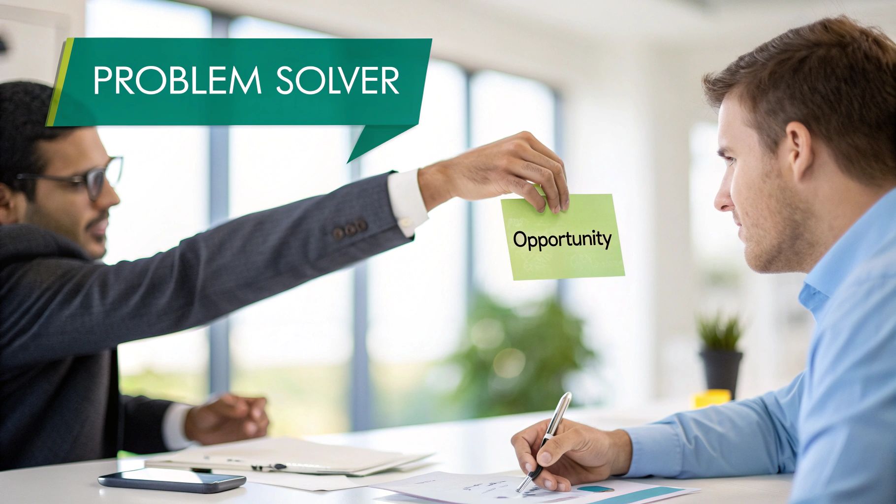 Two business professionals discussing opportunities, with one labeled 'PROBLEM SOLVER' offering an 'Opportunity' note.