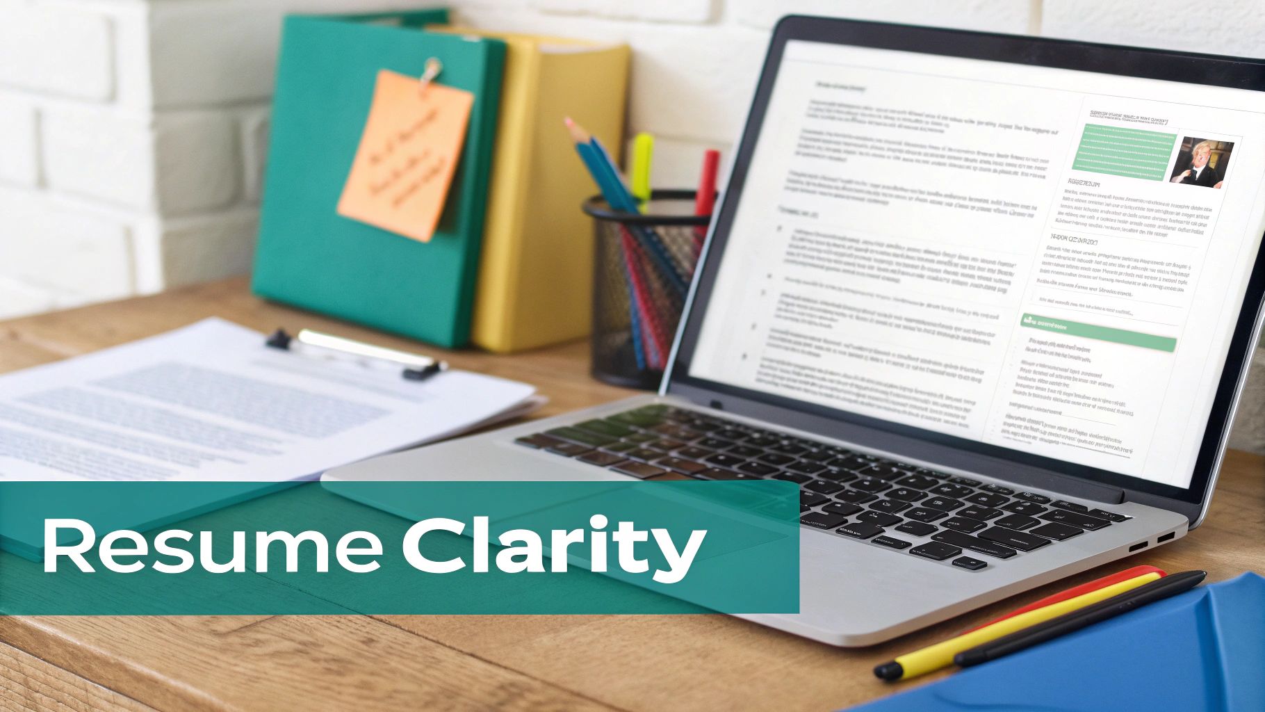 A laptop displaying a resume, alongside documents, pens, and files on a wooden desk, highlighting resume clarity.