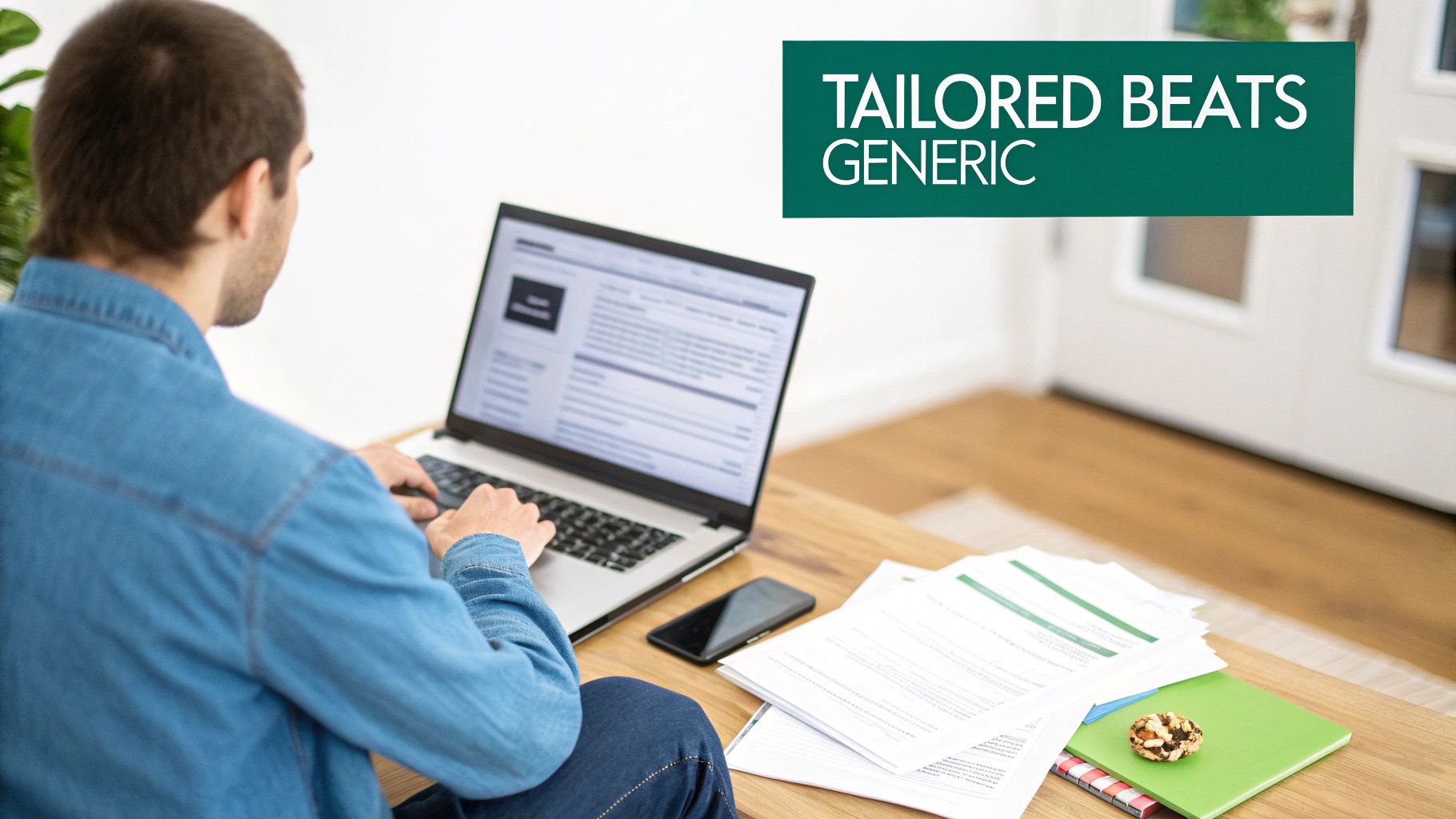 Rear view of a person in a denim shirt working on a laptop at a wooden desk with papers and a snack.