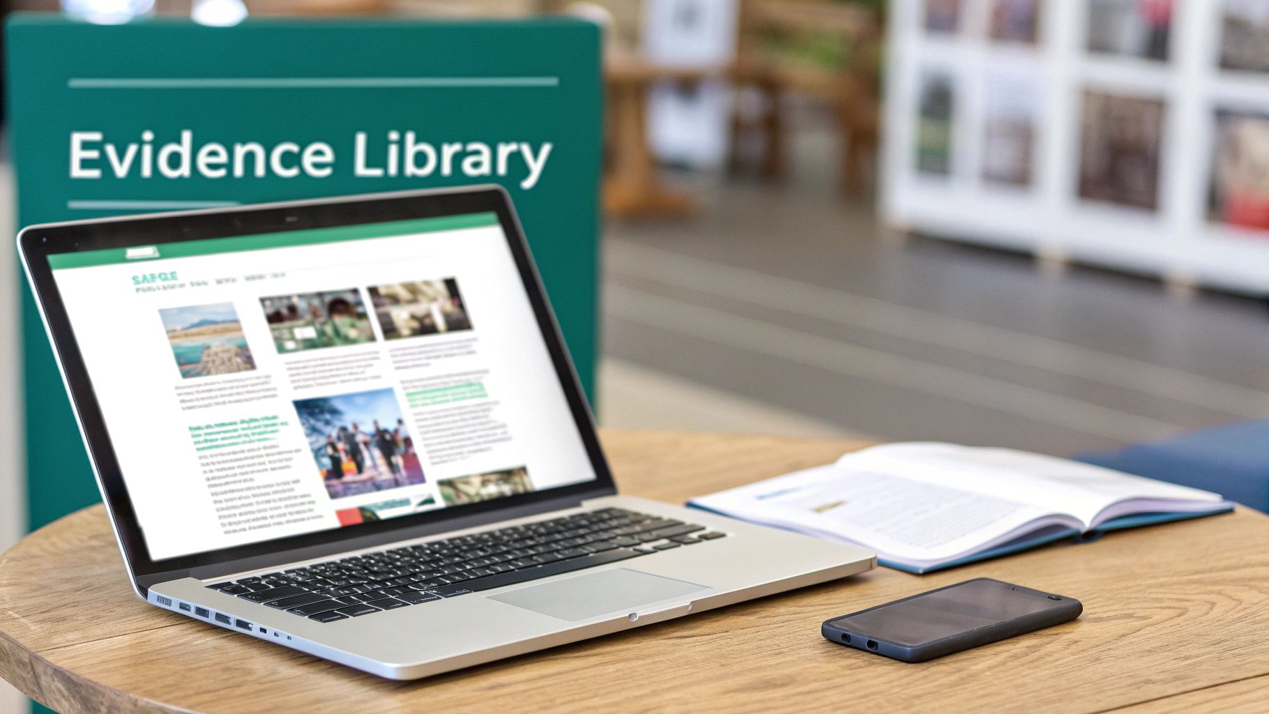 Digital and print resources: a laptop, smartphone, and book on a table, with "Evidence Library" sign.