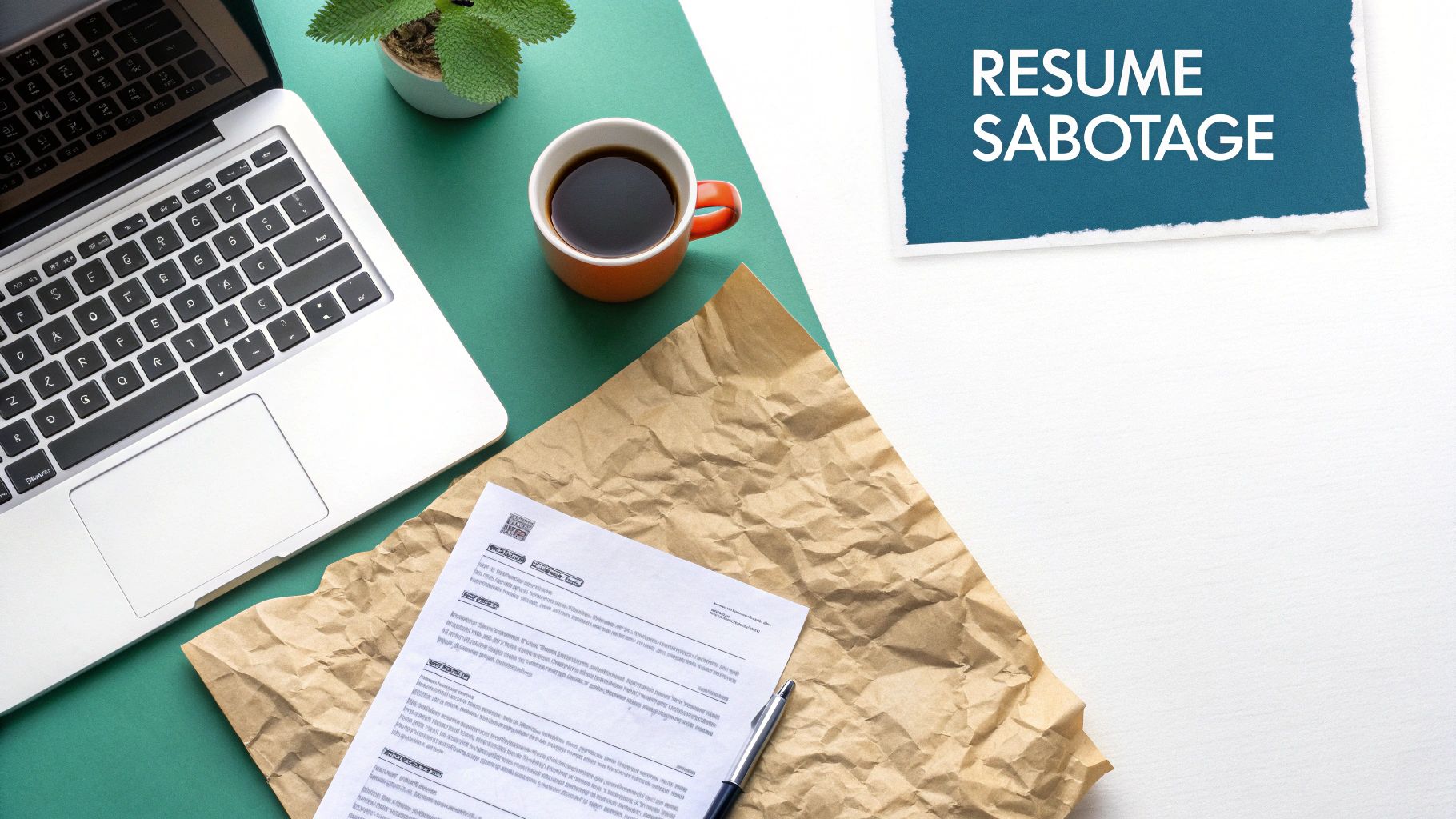 Overhead view of a desk with a laptop, coffee, crumpled resume, and 'Resume Sabotage' sign.