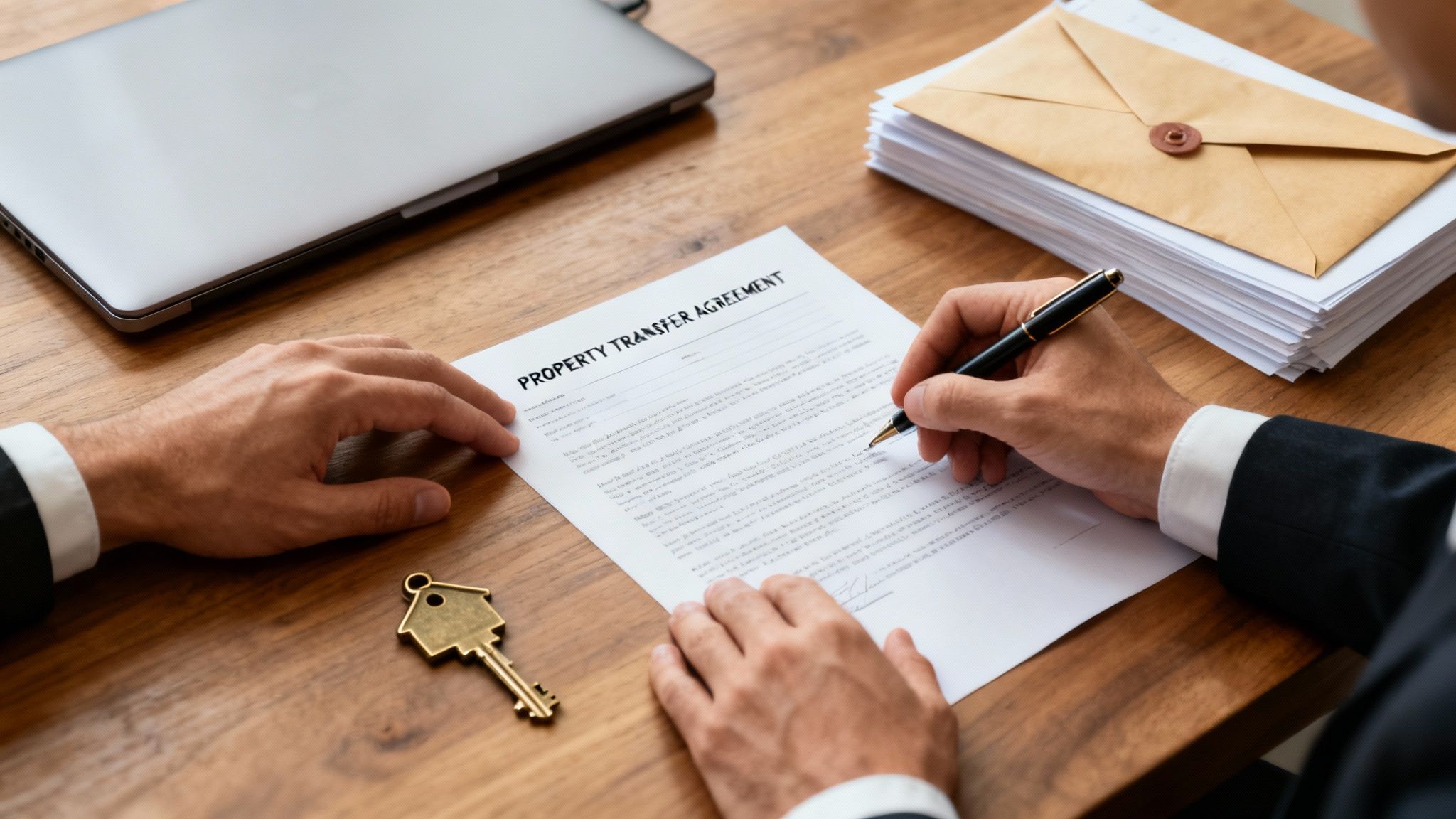 A person in a suit signs a property transfer agreement with a house key and laptop on a wooden desk.