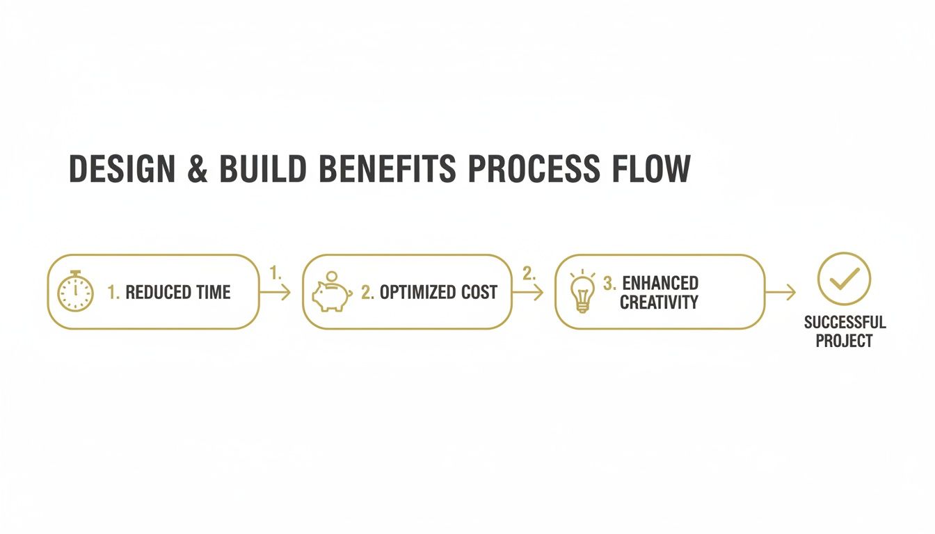 Process flow diagram illustrating design and build benefits: reduced time, optimized cost, enhanced creativity, leading to a successful project.