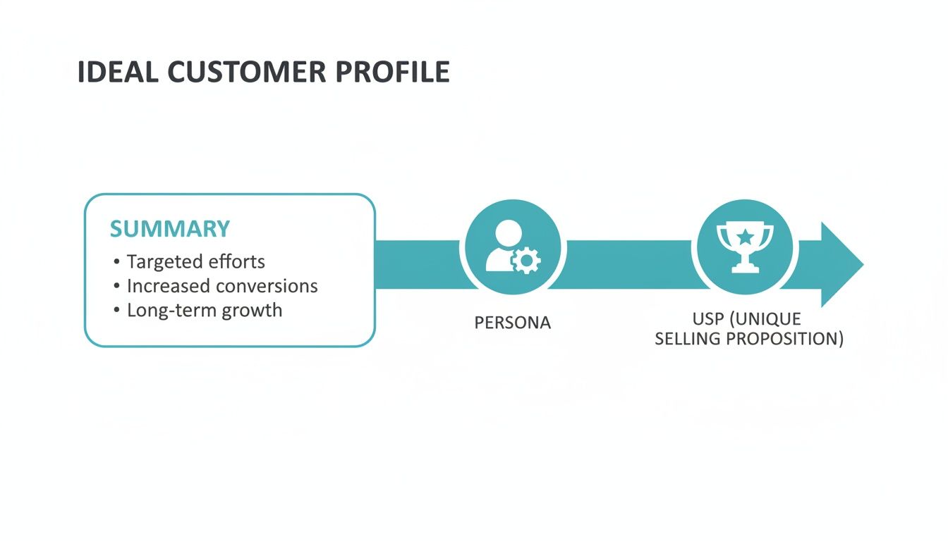 Flowchart illustrating the ideal customer profile process with a summary, persona, and unique selling proposition.