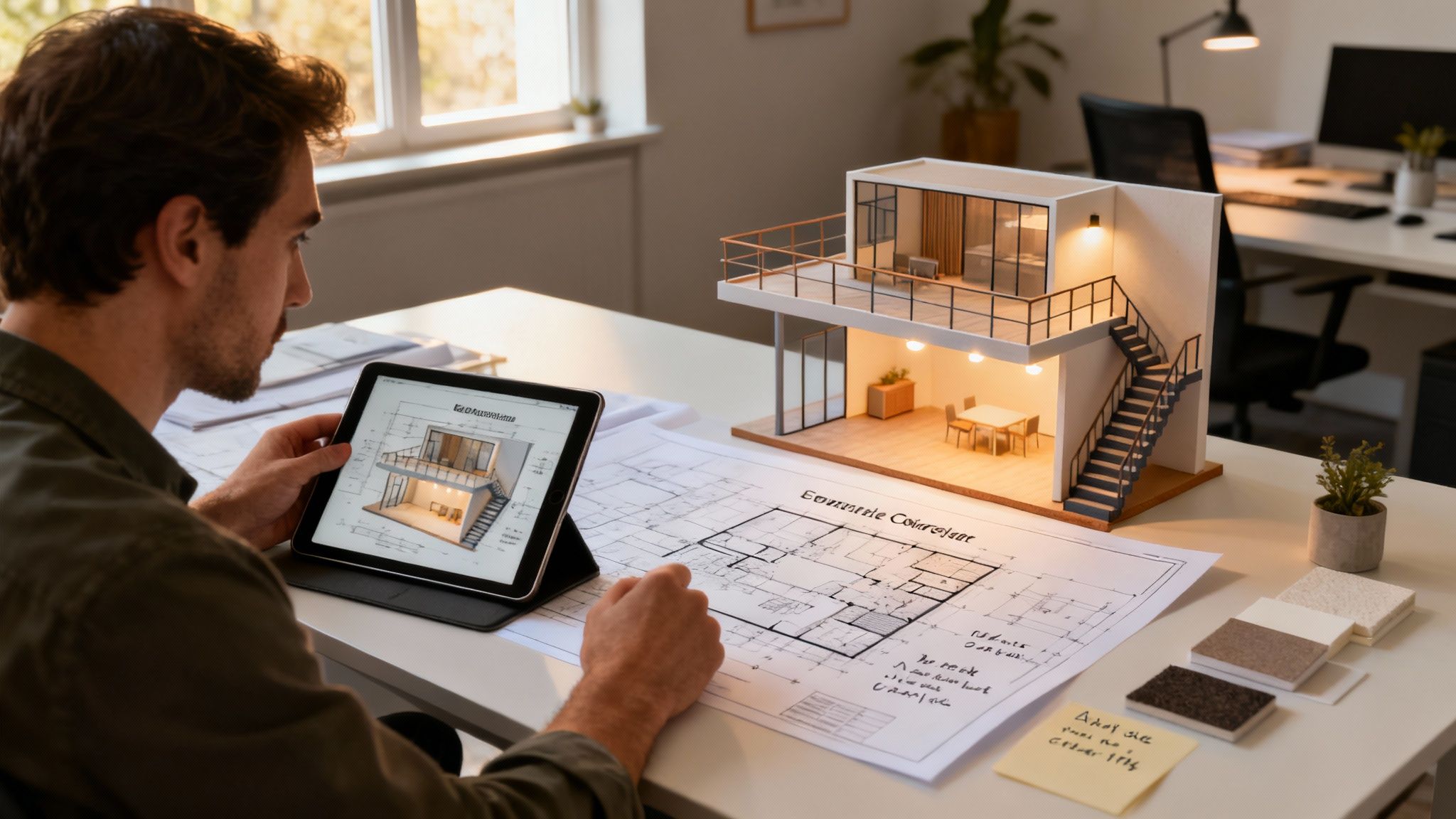 Architect working on a modern house design, comparing a digital plan on a tablet with a physical model.