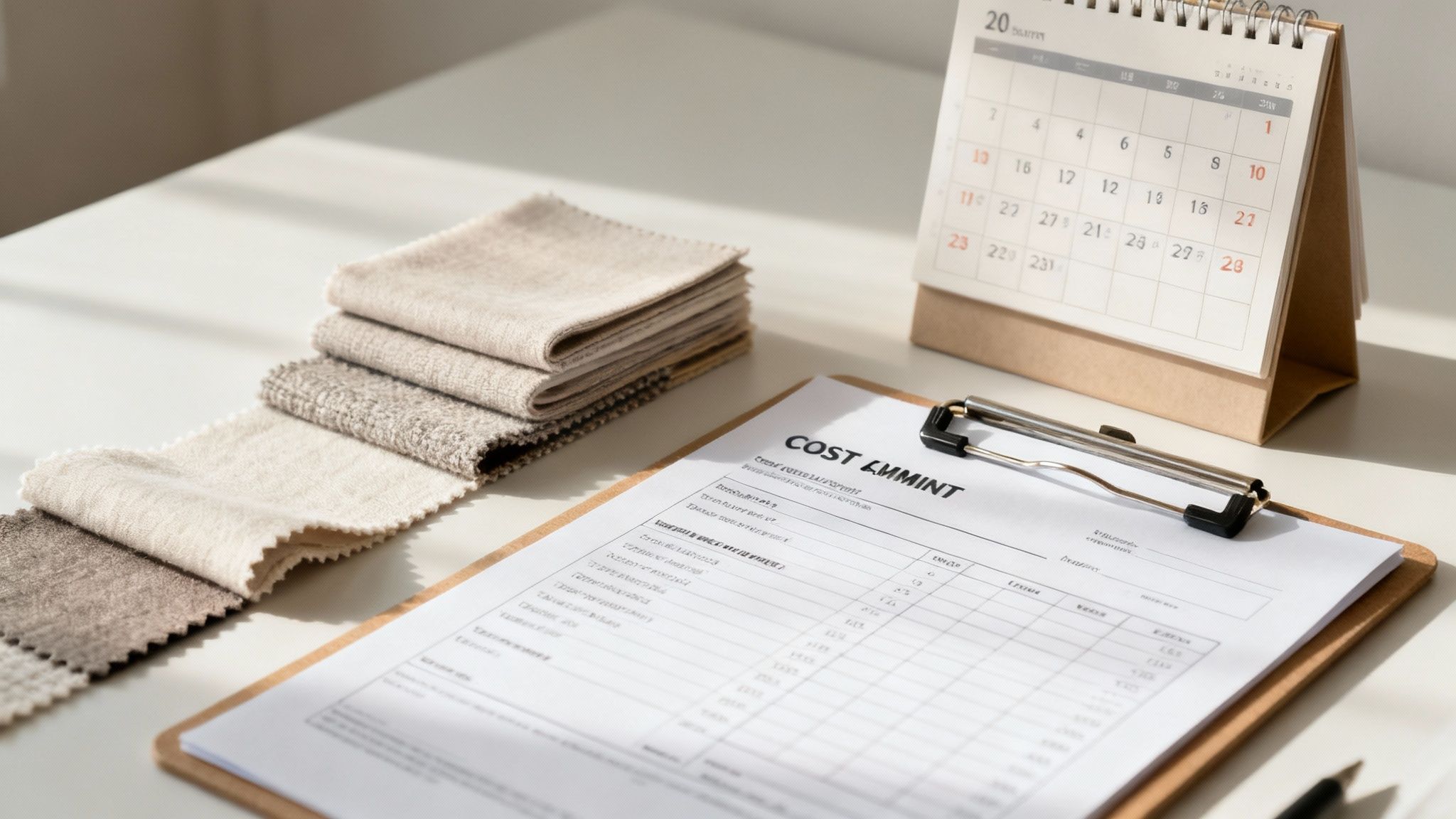 Fabric samples, a cost estimate document on a clipboard, and a calendar on a desk.